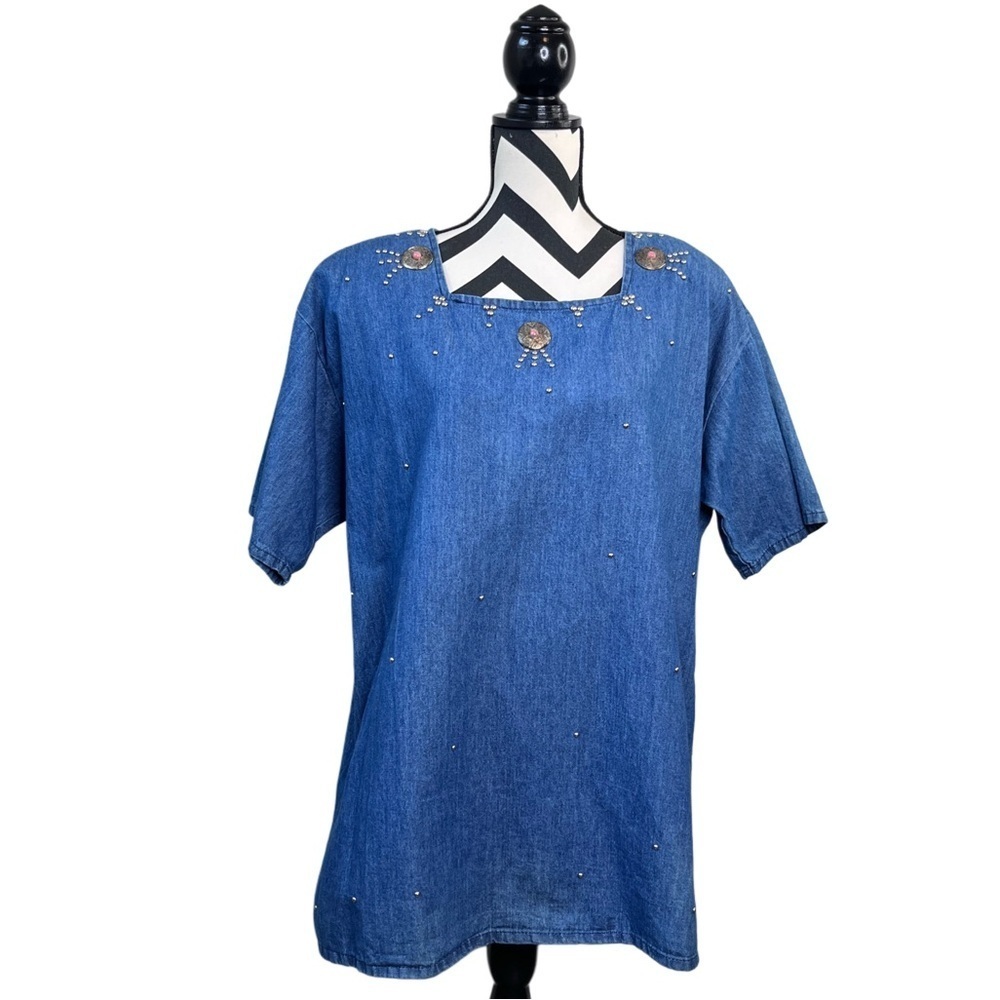 Western 80's Boho Short-Sleeve Studded Square Neckline Denim Blouse Sz L